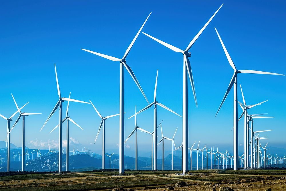 Wind farm or wind park turbine wind turbine outdoors.
