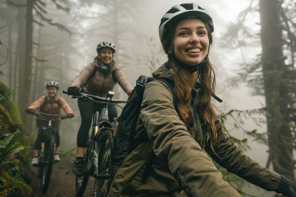 Smiling young woman in cycling gear riding photo bike transportation.