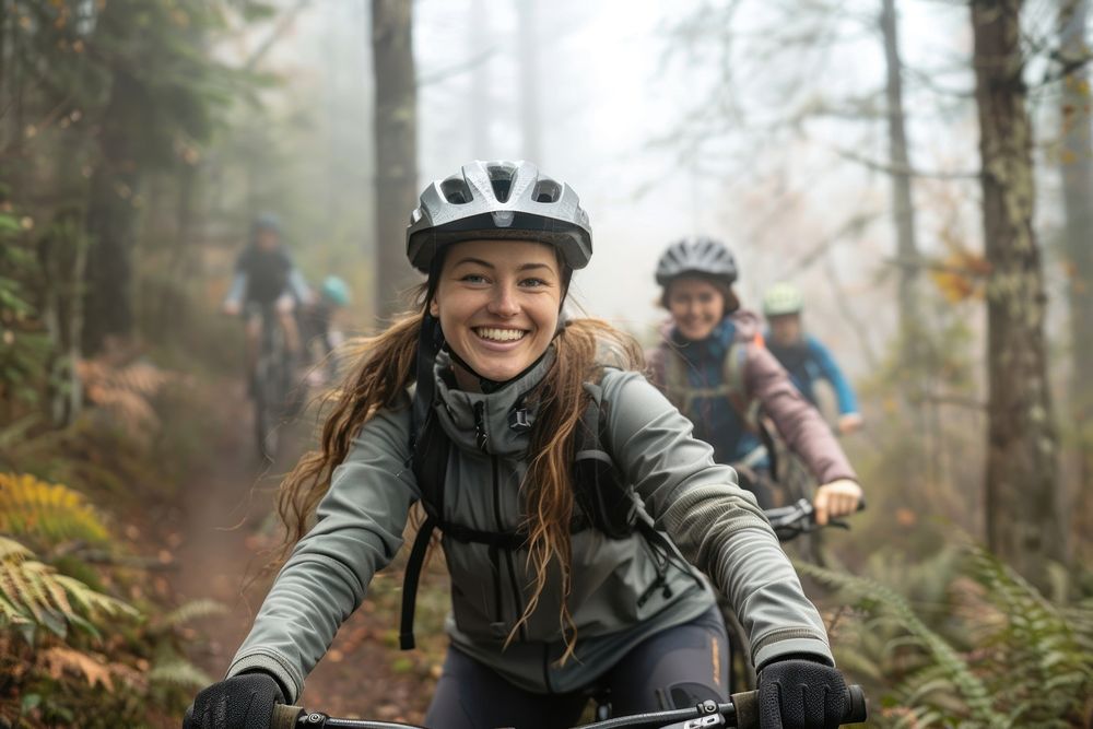 Smiling young woman in cycling gear riding bike transportation vegetation.