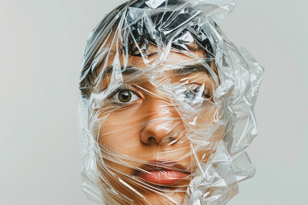 Mental health person plastic wrap clothing.