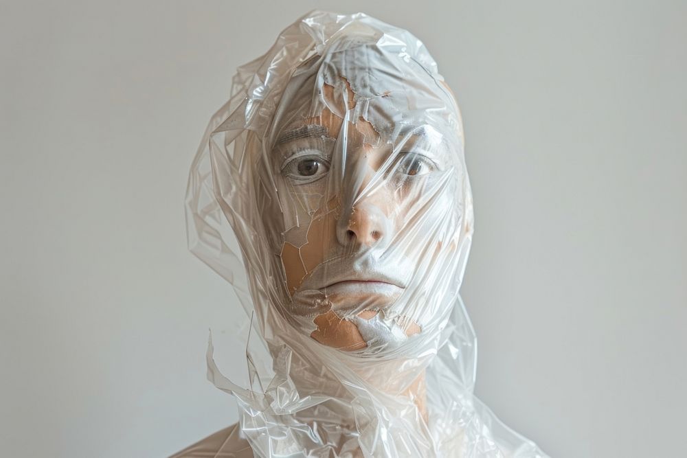Mental breakdown person face plastic wrap.
