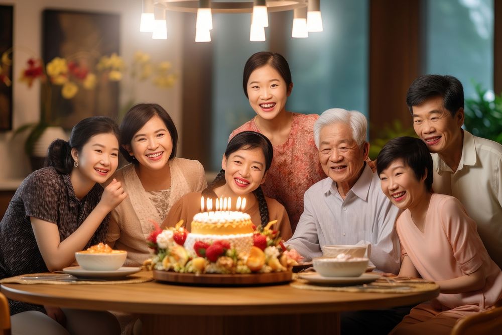 Happy three generation asian family cake birthday cake beverage.