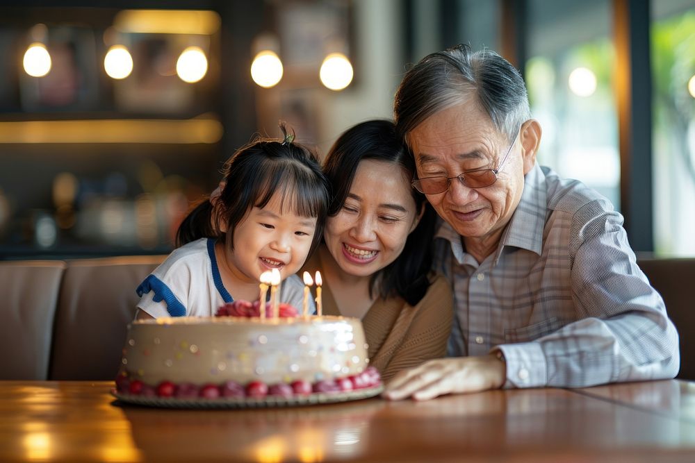 Happy three generation asian family cake birthday cake dessert.