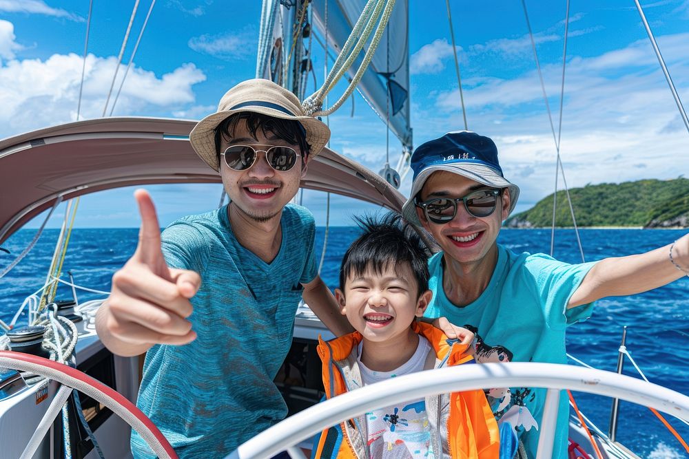 Happy family east asian photo yacht sea.