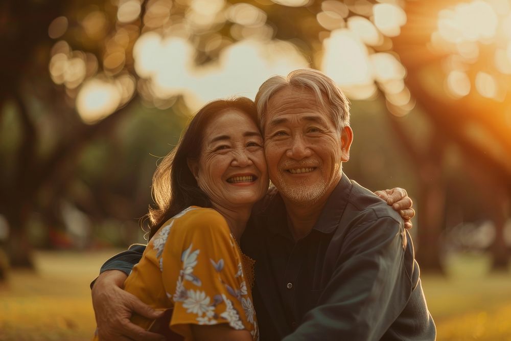 Senior asian couple outdoors happy photo.