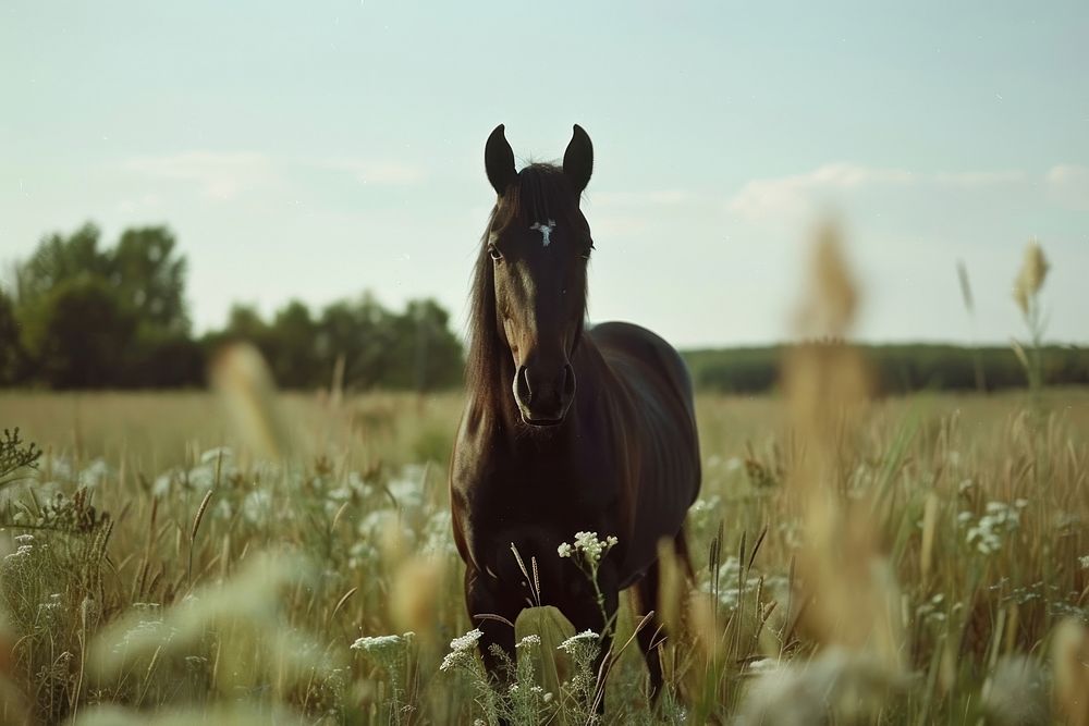 Black horse grassland outdoors animal.
