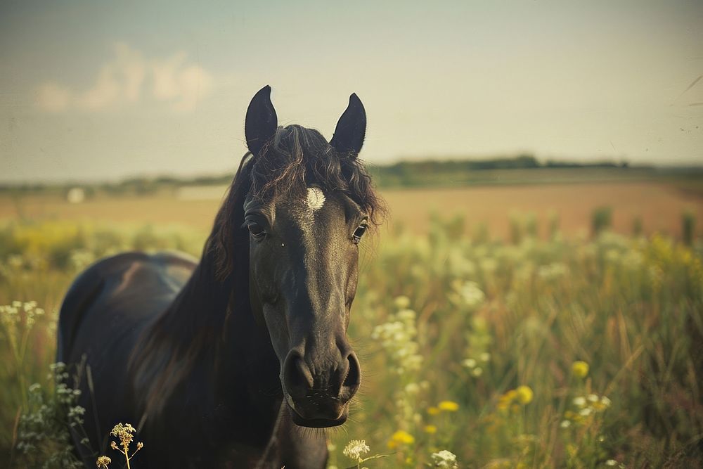 Black horse outdoors animal mammal.