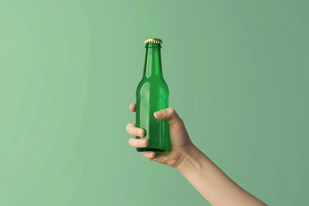 Person holding green bottle beverage alcohol liquor.