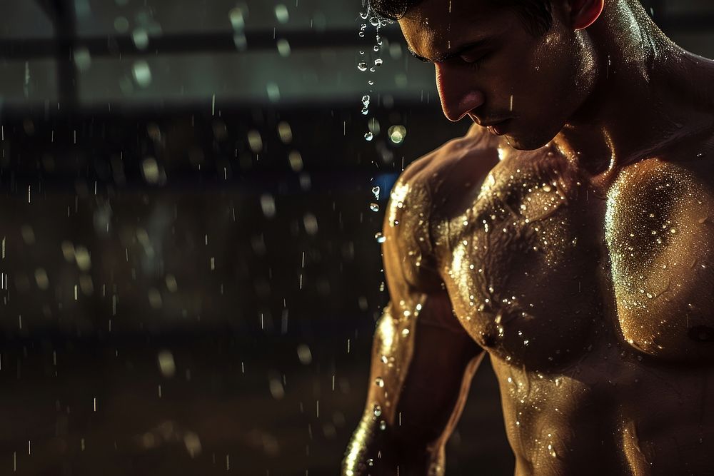 Muscular man sweating bathing person.