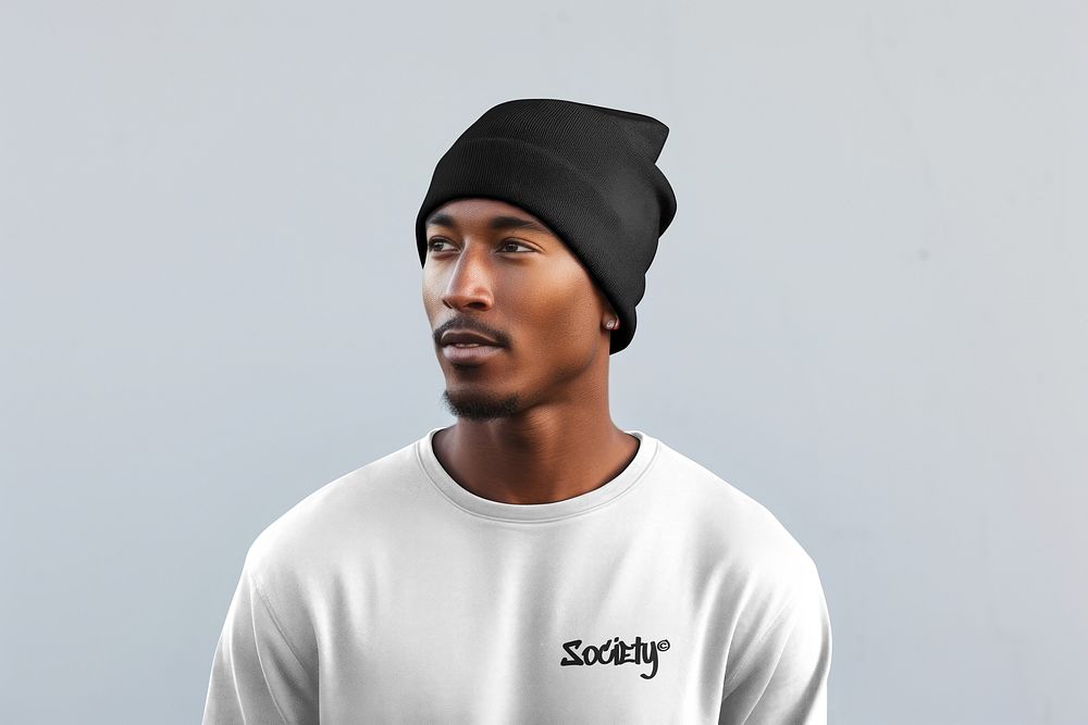 Man in black beanie & off white long sleeve