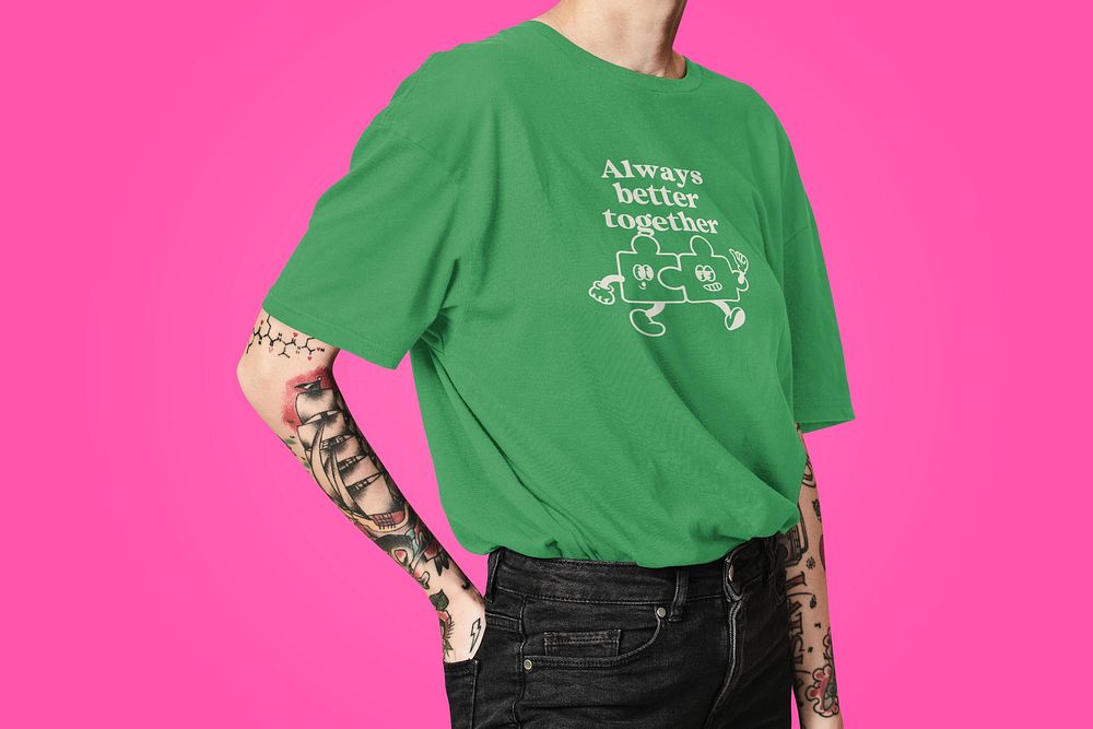 Cool tattooed man in green t-shirt