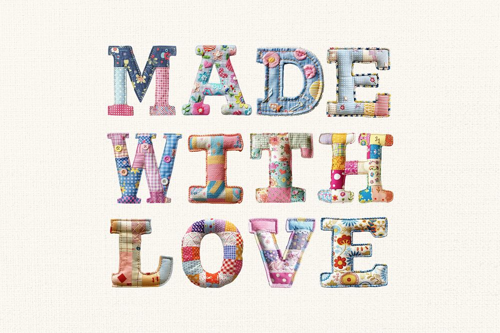 Made with love word in fabric stitch alphabets