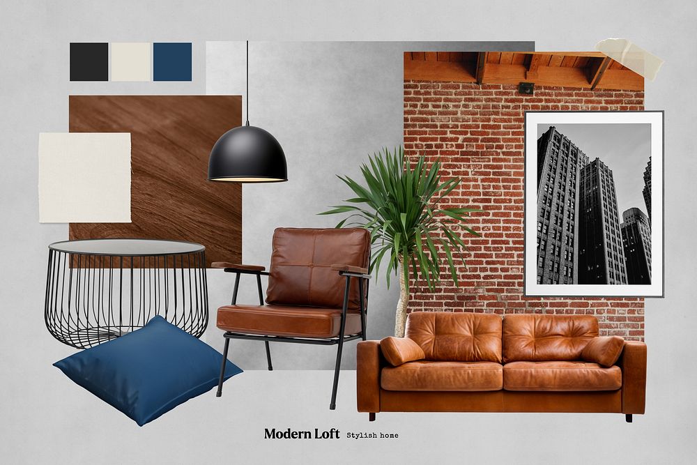 Modern loft interior mood board