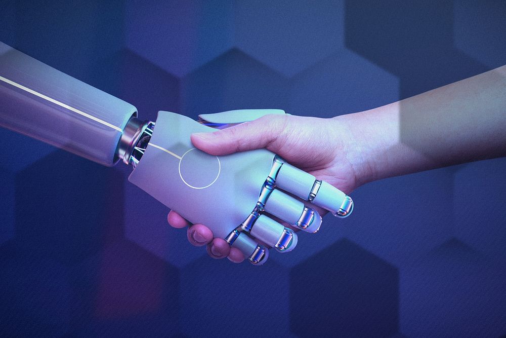 Robot handshake human background, futuristic digital age