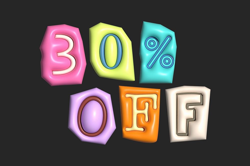 30% off word in colorful 3D alphabets illustration