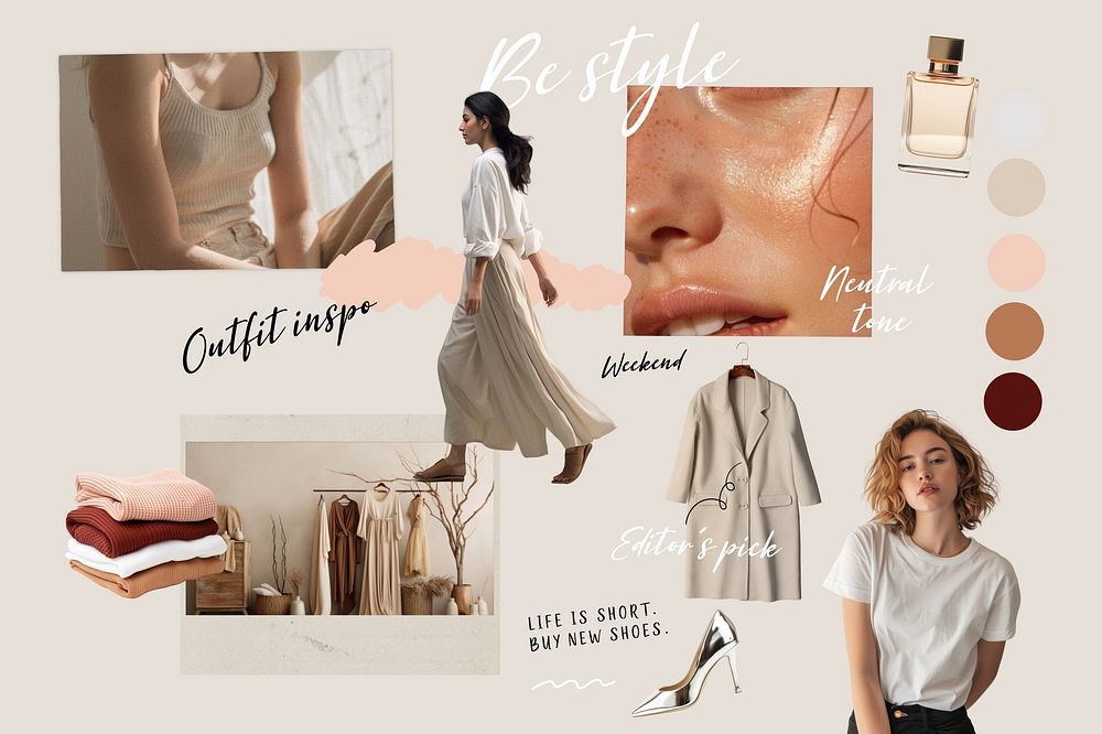 Beige fashion & beauty mood board  collage