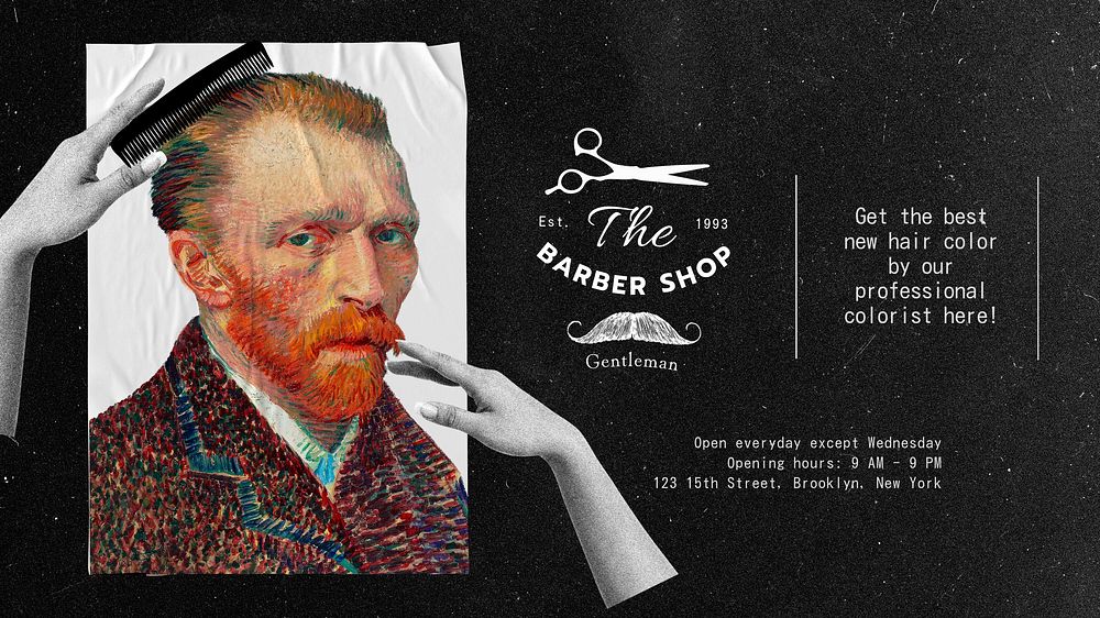 Vintage barber YouTube thumbnail template, Van Gogh's Self-Portrait, famous artwork, remixed by rawpixel