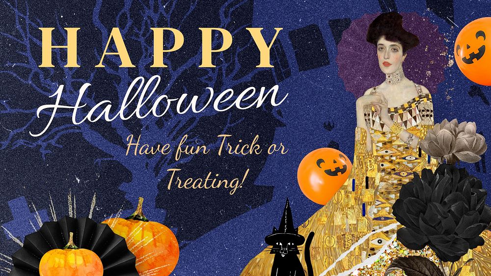 Happy Halloween blog banner template, Gustav Klimt's art nouveau illustration