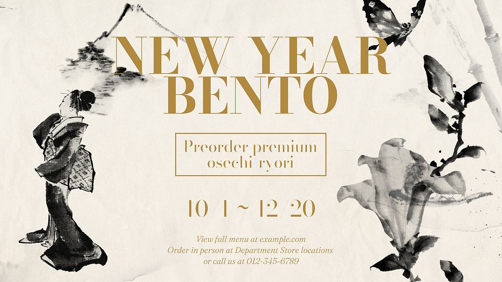 Japanese bento blog banner template, editable Ukiyo-e art remix design
