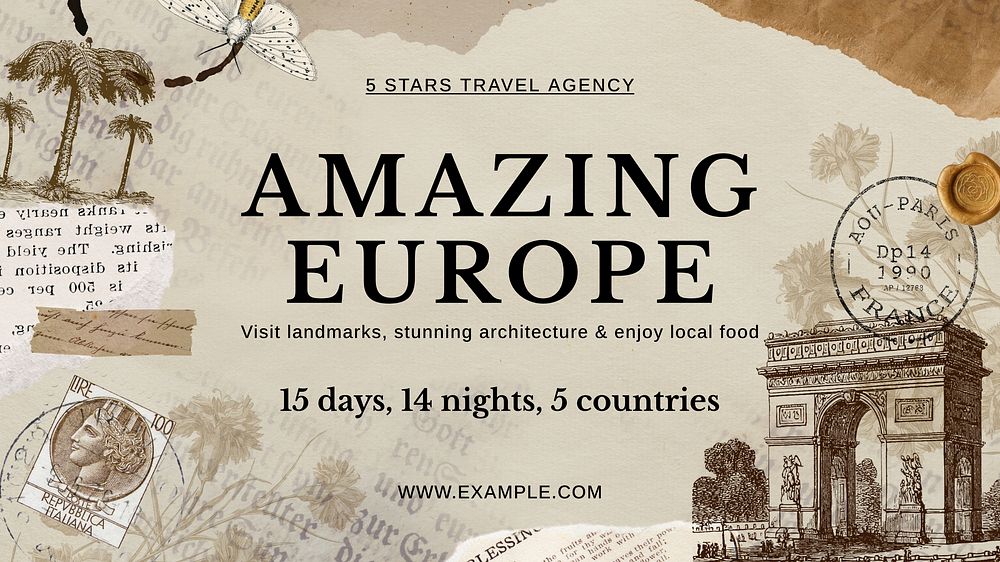 Europe travel blog banner template,  Ephemera remix