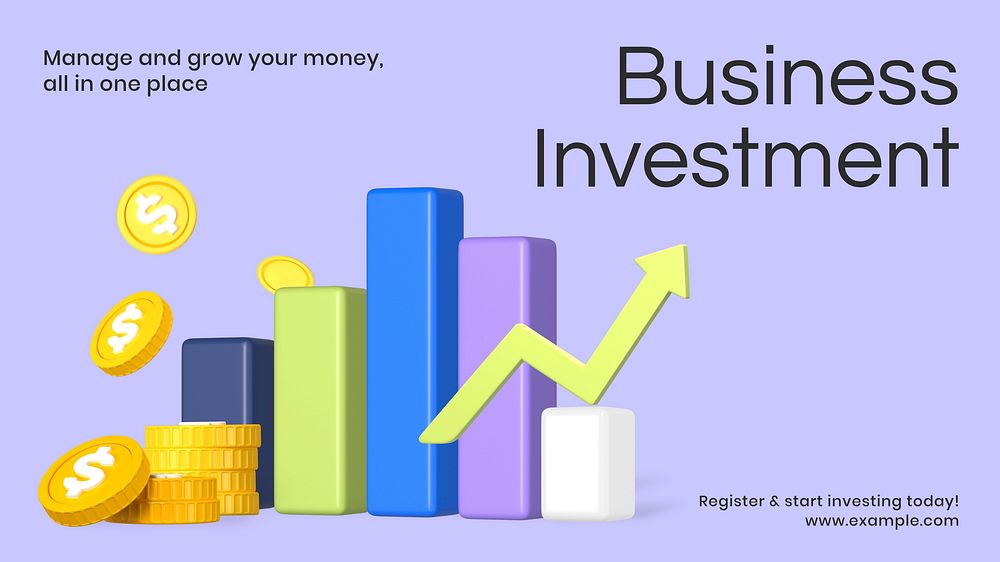 Business investment blog banner template, customizable 3D design and text