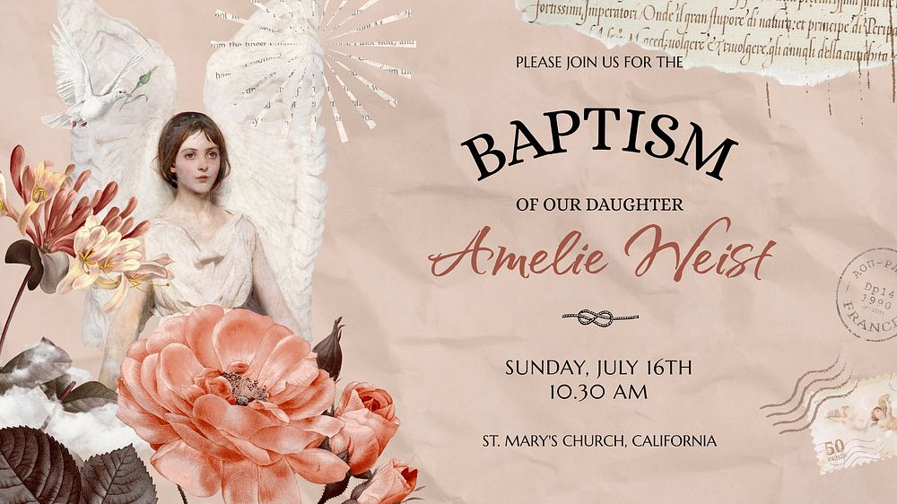 Baptism ceremony Facebook cover template, vintage ephemera remix