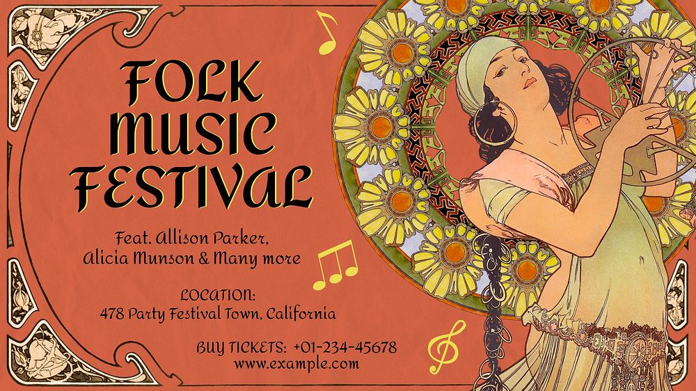 Music festival blog banner template,  Art Nouveau design