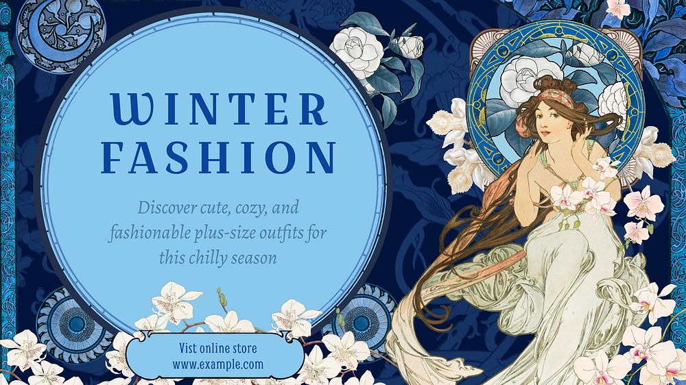 Winter fashion blog banner template  Alphonse Mucha's Art Nouveau design remixed by rawpixel