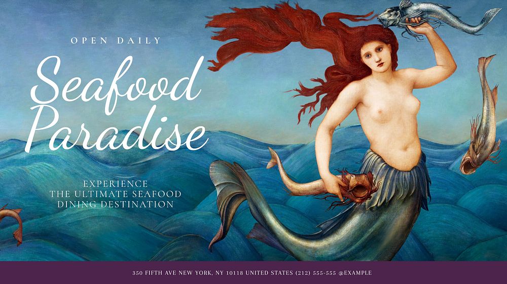 Seafood restaurant blog banner template. Artwork by Edward Burne-Jones.