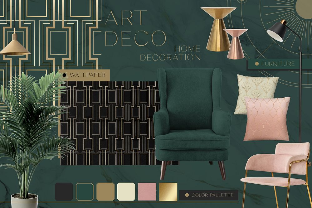 Art deco interior design mood board  collage