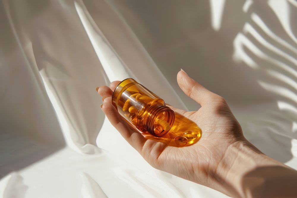 Hand hold amber pills bottle medication cosmetics perfume.