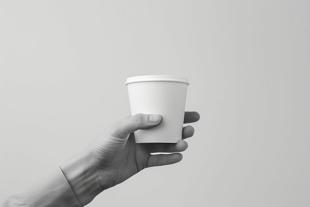 Hand hold paper cup beverage finger person.