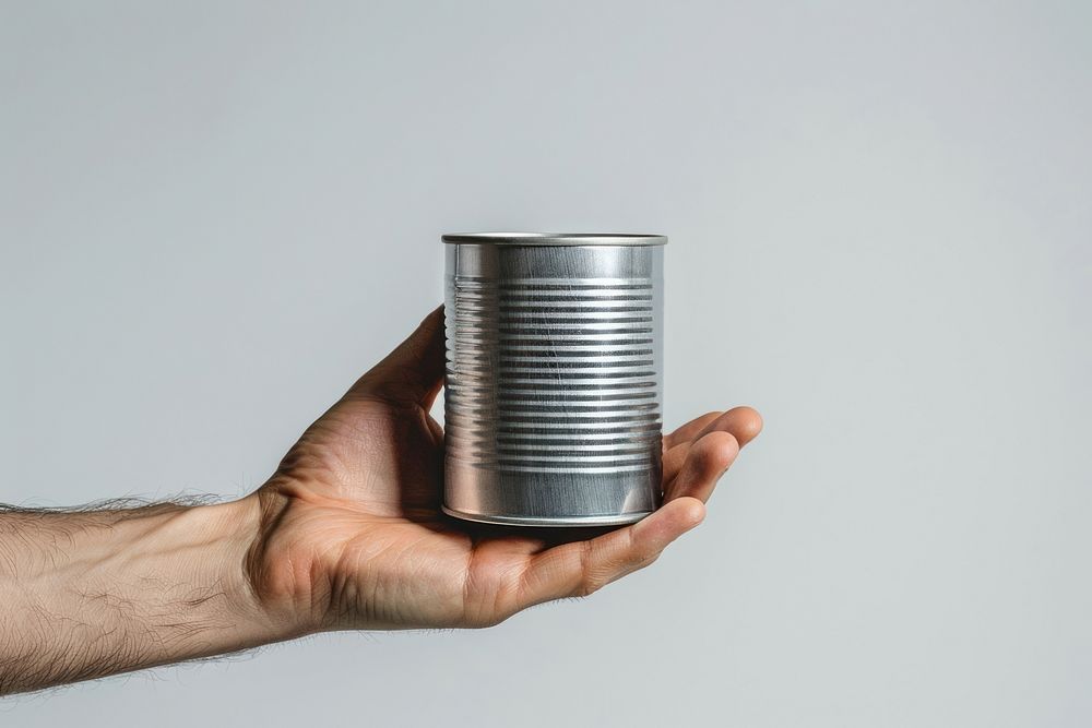 Hand hold tin can.