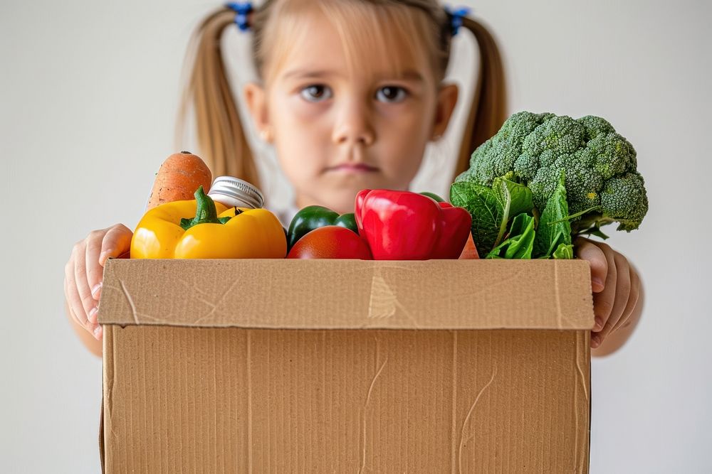 Box with food ingredients for donation child face produce.