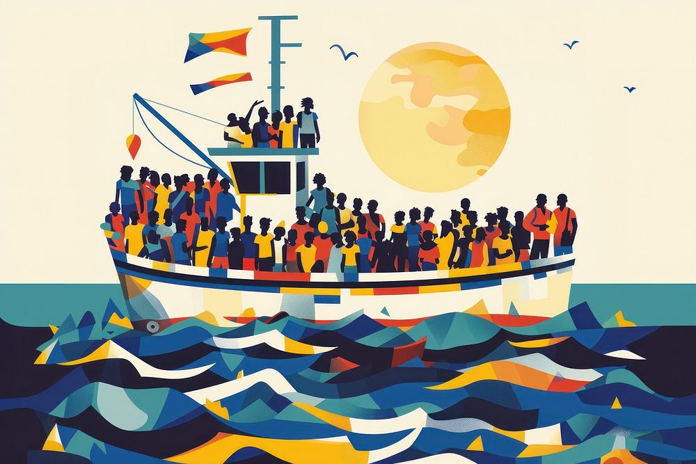 A boat with refugee people art transportation painting.