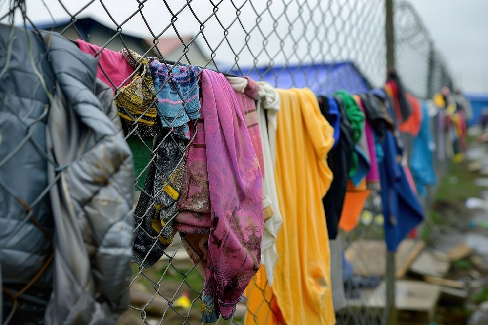 Clothing hangs on the chain link fence at an refugee camp laundry person human.