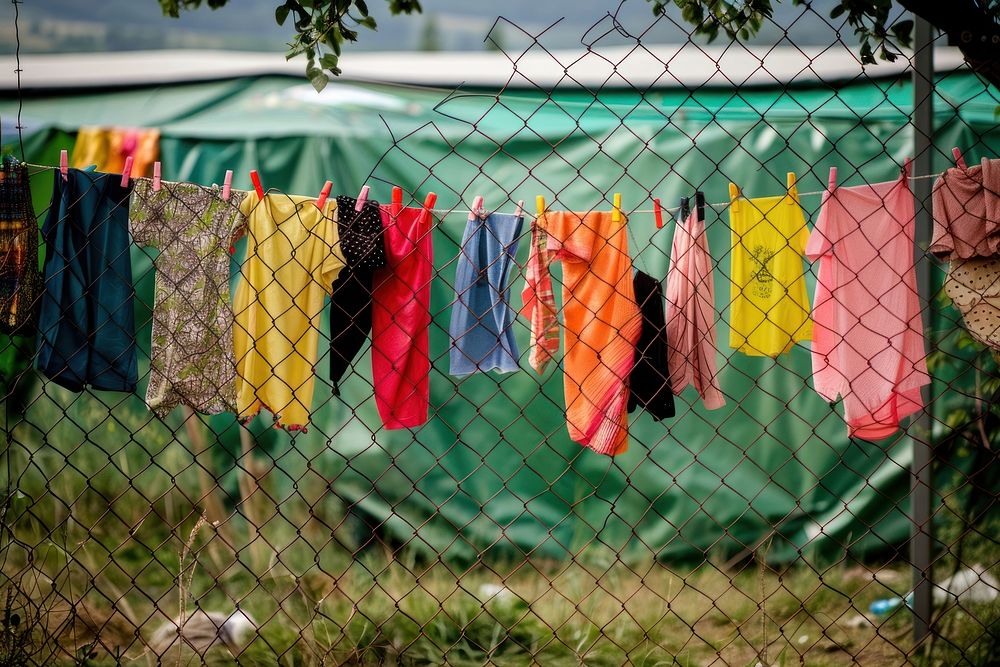 Clothing hangs on the chain link fence at an refugee camp clothing architecture building.