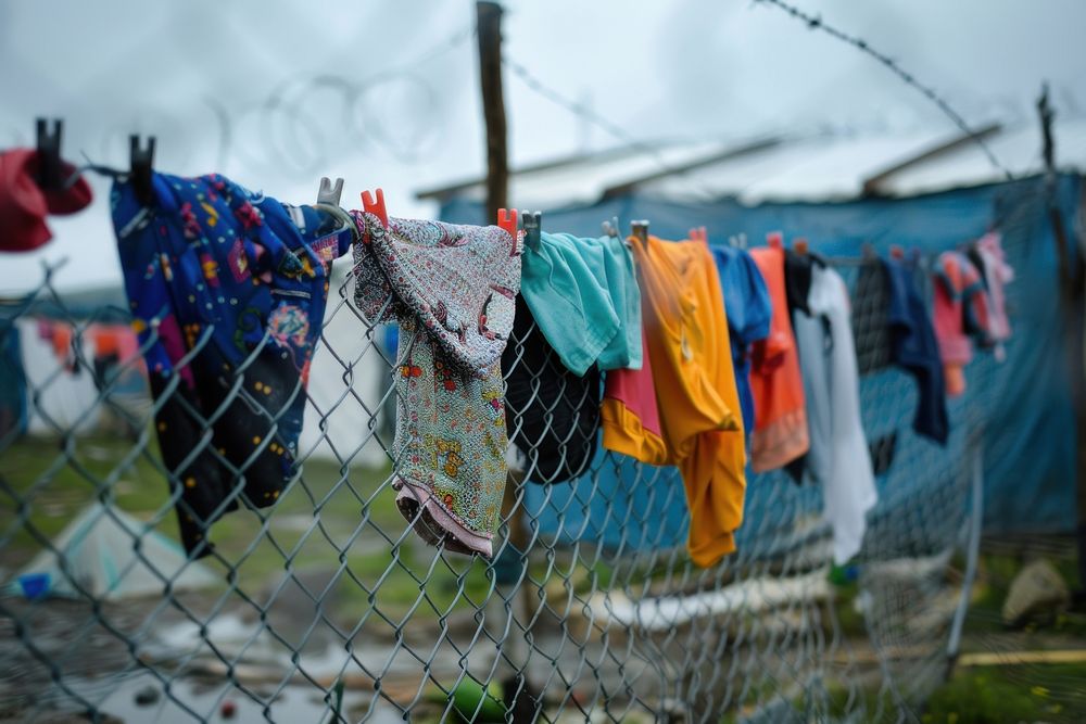 Clothing hangs on the chain link fence at an refugee camp clothing laundry apparel.