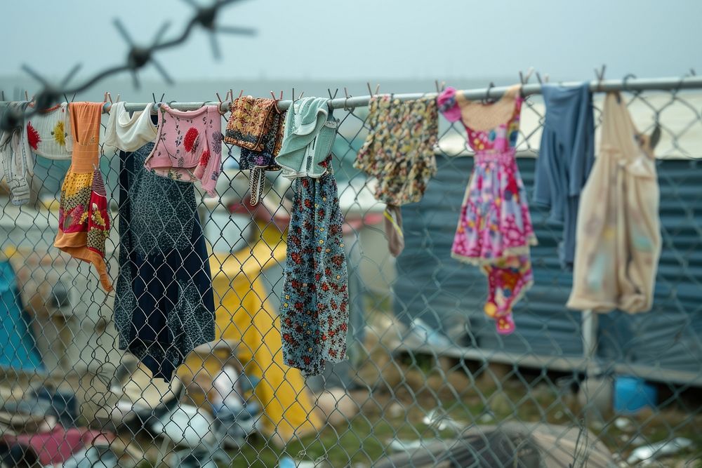 Clothing hangs on the chain link fence at an refugee camp laundry female person.