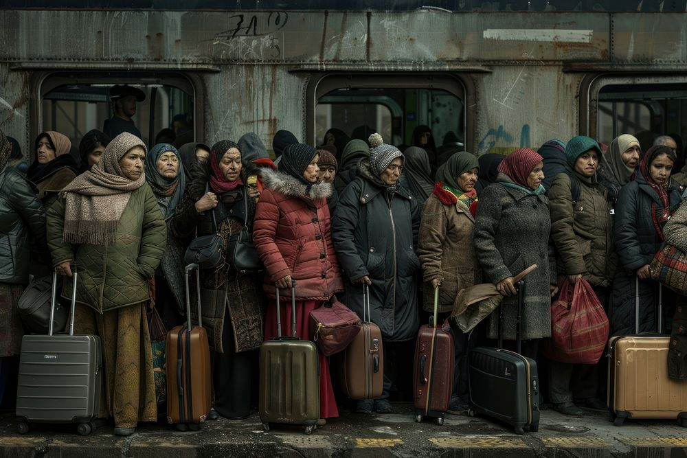 Refugee people with suitcases stand in line accessories accessory clothing.