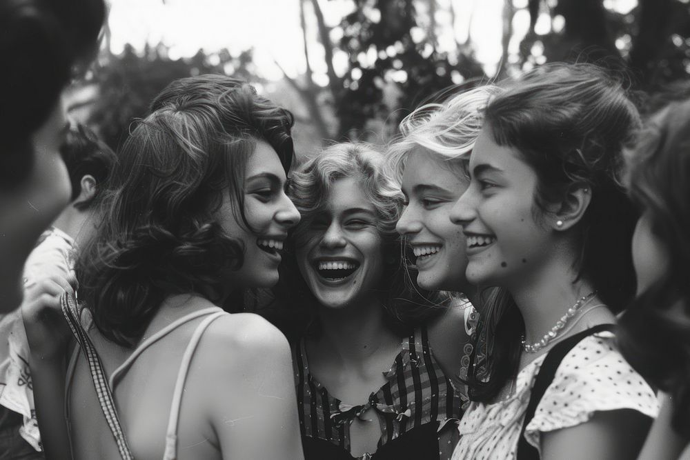 Group of young women photography laughing accessories.