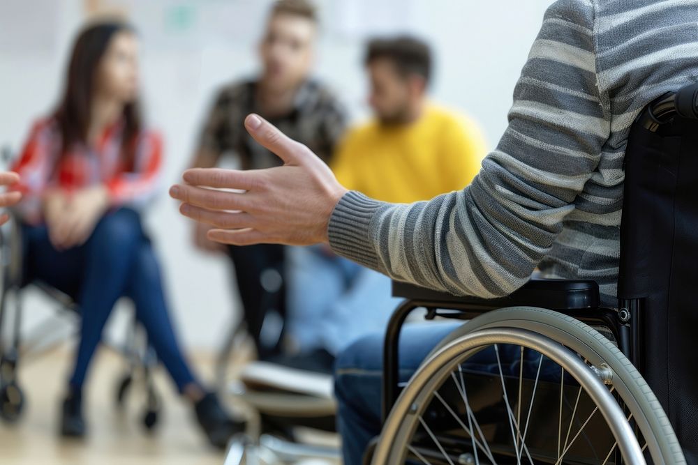 Social interaction wheelchair person furniture.