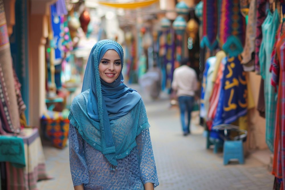 A happy Middle east woman walking clothing apparel person.