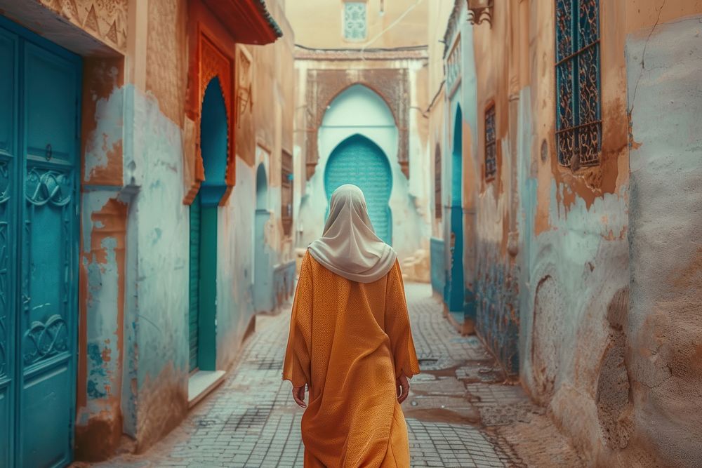 A happy Middle east woman walking architecture monastery alleyway.