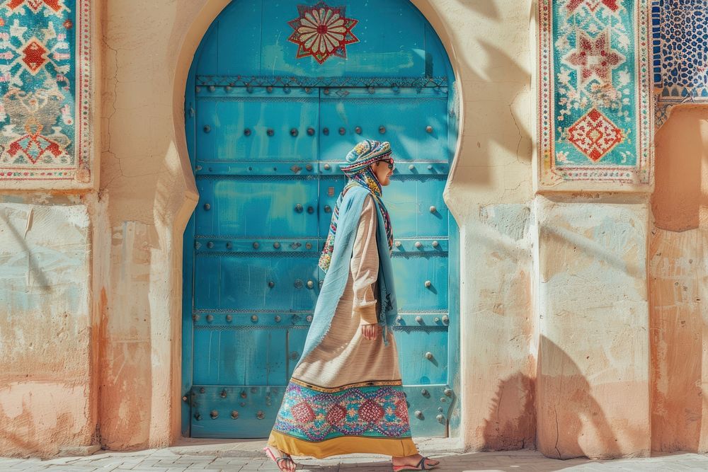 A happy Middle east woman walking architecture clothing footwear.