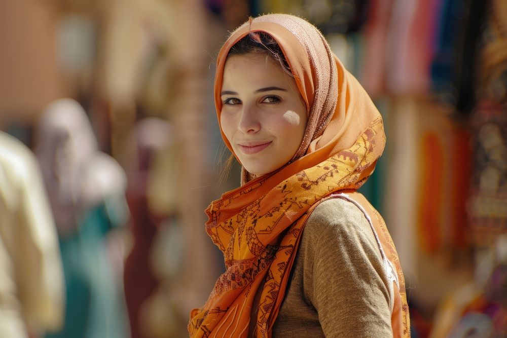 A happy Middle east woman walking face clothing apparel.