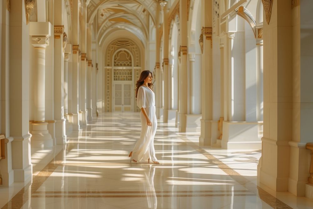 A happy Middle east woman walking architecture building corridor.