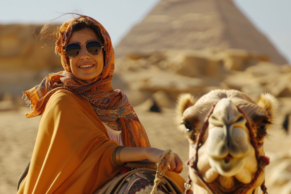 Happy Middle east woman riding camel architecture accessories accessory.