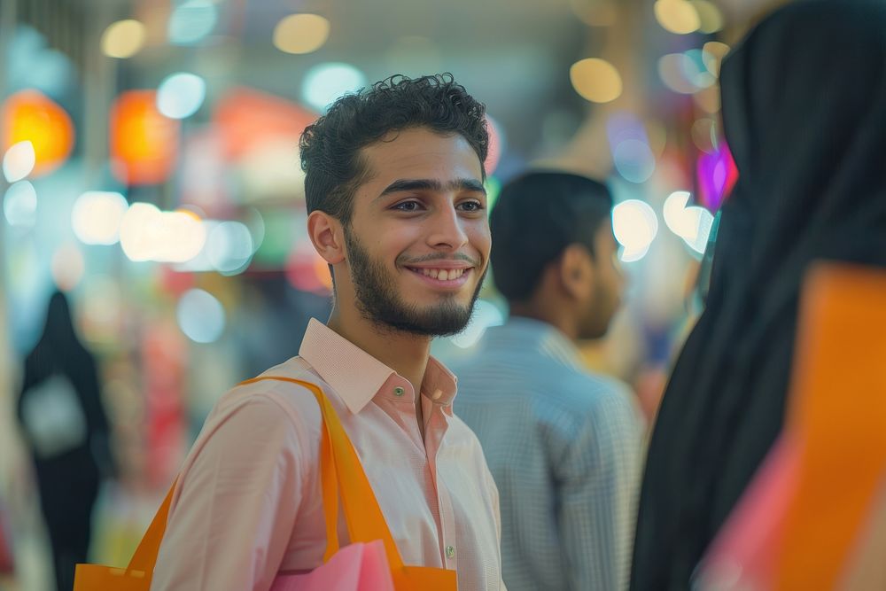 A happy Middle east young men friends with shopping bags face accessories accessory.