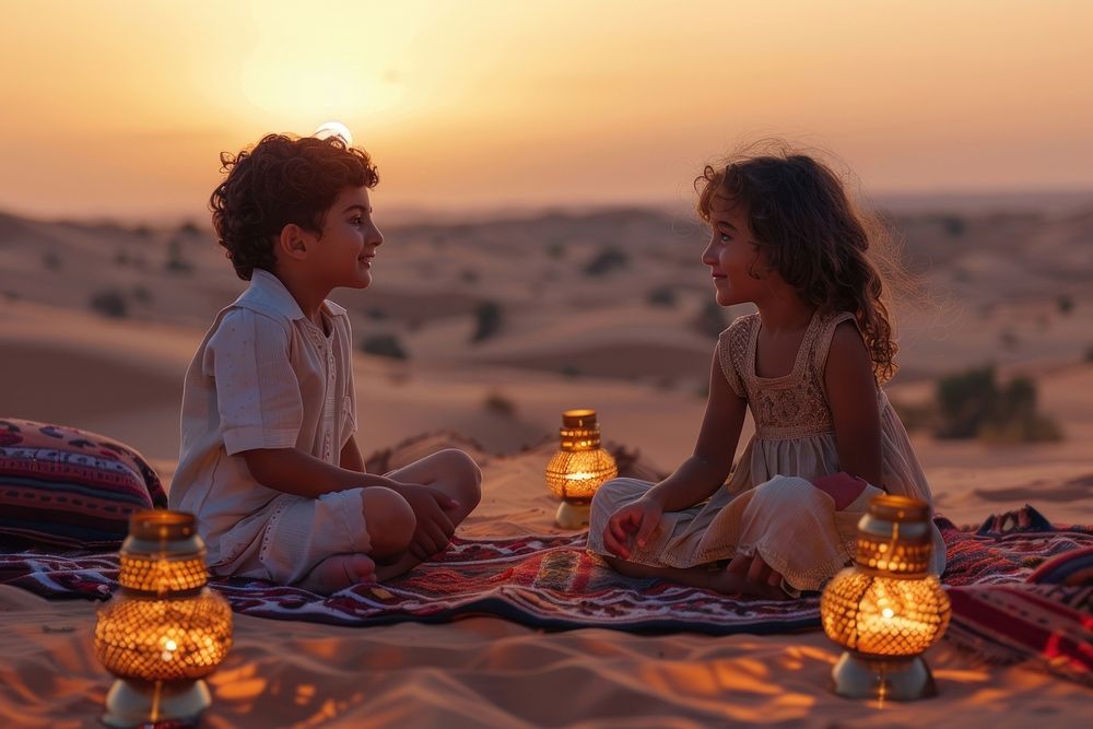 Happy Middle east children sitting at dessert on evening romantic person female.